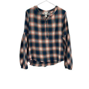 Sundance Dreamers Henley Plaid Cotton Flannel Top Size XS Raw Hem